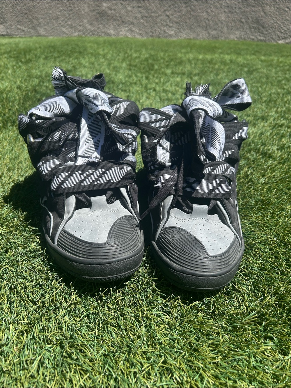 Lanvin Black and Gray High-Top Sneakers with Patterned Laces